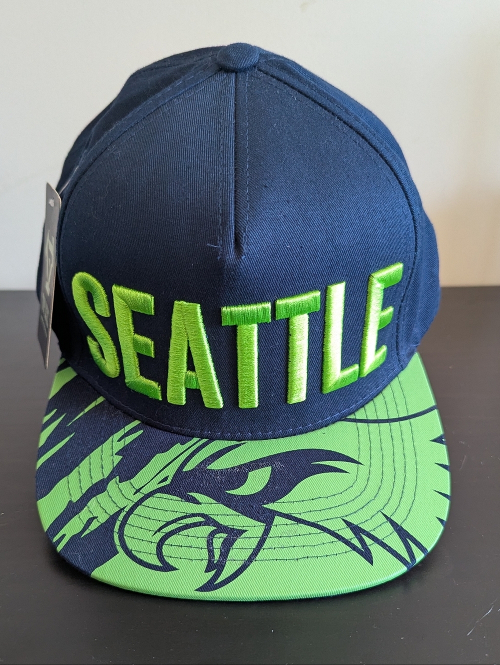 Seattle Snapback Hat in Navy and Neon Green NWT